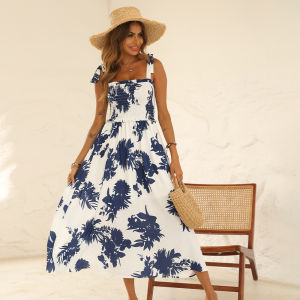 ชุดเดรสยาวเอวสูงพิมพ์ลายพัดลมชายหาด แขนกุด ผ้าฝ้ายผสม ฤดูร้อน 2022 แฟชั่นสตรีท ชุดเดรสยาวคลุมเข่า