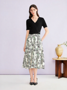YINER | Elegant V-neck Spliced Print Waist-cinching Silk-blend Dress