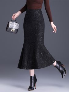 Elegant Long Tail Fish Skirt Sequin Half-length Skirt French Style Commute High Waist Polyester Fiber Zipper Closure Womens Skirt