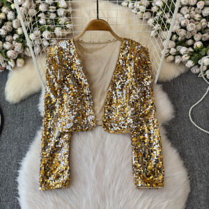 Shiny Sequin Slim Fit Long Sleeve Jacket Short Style Womens Top Fashionable Autumn Winter Commute Look V-Neck Open Cardigan