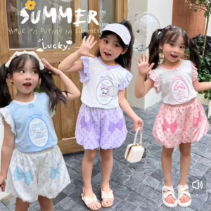J&B Girl Kids Korean Cute Sanrio Kuromi Ruffle Short Sleeve Shirt Pumpkin Pants Clothes Set Baju Budak Perempuan 女童短款两件套
