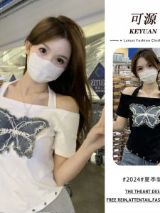 Spicy Girl Butterfly Knot Design Asymmetrical Short Sleeve T-Shirt Womens Summer American Simple One-Shoulder Patchwork Short Style Top