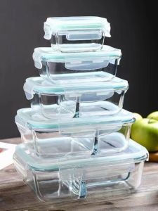 Rectangular Glass Lunch Box Set Microwave Safe Three Compartment Freshness Preservation Box Bento Box for Office Workers