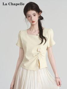 La Chapelle | Ruffled Slit Design Sense Apricot Round Neck Short Sleeve Fitted T-Shirt
