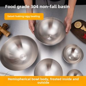 Large 304 Stainless Steel Salad Bowl Kitchen Cooking Basin Baking Egg Beating Basin Dough Basin Cold Dish Bowl Fruit Bowl