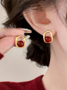 Pianist | Geometric Square Red Pearl Earrings S925 Silver