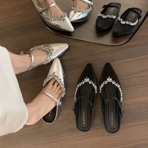 Elegant French Diamond Pointed Toe Womens Slip-On Mules Silver Straight Strap Buckle Casual Summer Daily Style Slippers