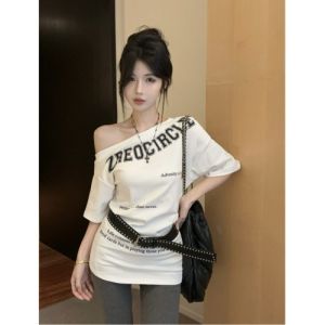GUZILIAN | American Style Shoulder Baring Short Sleeve T Shirt Women Design Sensation Summer Spicy Girl Midi One Shoulder Top With Belt