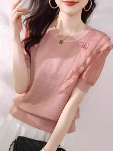 WANGGONGZHU | Sweet Short Sleeve T-Shirt Womens Summer Anti-Aging Design Sense Splicing Fashion Lace Collar Top Princess Style Korean Loose Fit