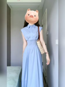 Xzy Plus Size Ladies French Style Temperament Blue Shirt Sleeveless Dress Womens Summer Fancy Waist-Slimming Long Dress