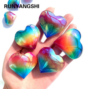 Natural Pinkycolor Selenite Electroplated Rainbow Aura Heart Quartz Crystal Decorative Ornaments Healing Energy Gift