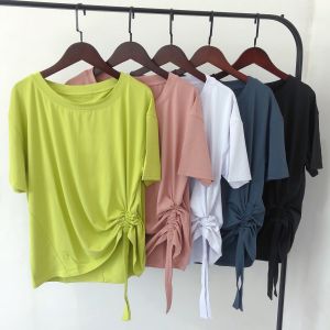Quick Dry Outdoor Casual round Neck Short Sleeve T-Shirt Womens Loose Fit Yoga Fitness Sportswear Drawstring Design Spring Summer
