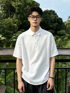 OUMULONG | Lightly Refined Linen and Ice Silk Breathable T-Shirt Mens Short Sleeve
