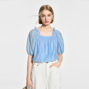 Bessie "Easy Summer" Woven Shirt Womens One-Shoulder Floral Print Gown Collar Short Sleeve Cotton Casual Loose Fit Top