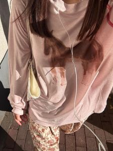 Retro American Casual Hand-painted Print Loose Long Sleeve round Neck Shoulder Drawstring T-shirt for Women Daily Wear