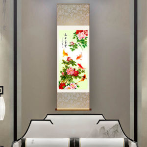 Silk Painting Living Room Office Hanging Picture Feng Shui Scroll Traditional Chinese Calligraphy and Painting Peony Painting Flowers Blooming Rich Carp Figure Auspicious
