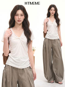 HTMEME | V-neck Twisted Design Slim Tee Women Summer