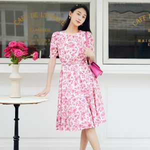 Koradior | Silk Floral Tea Dress Waist Accentuated Womens Dress