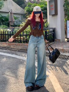 กางเกงยีนส์ทรงขาบานเอวสูง ทรงหลวม กางเกงขายาวทรงสลิมฟิต ฤดูใบไม้ร่วง/ฤดูหนาว กางเกงยีนส์ทรงหลวมสำหรับผู้หญิง