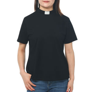 Clergy Shirt For Women Short Sleeves Tab Collar Clergy Priest Clerical Short Sleeves Blouse Top Black