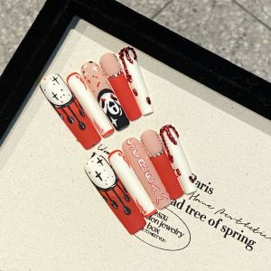 Handmade Halloween Skeleton Tomato Sauce Nail Art Fake Nail Stickers Wearable Nails Scary Theme New 2024 Pink Color Series