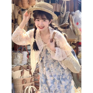 Bohemian Hooked Floral Lace Sun Protection Cover up Womens Summer Outerwear Knitted Top Short Shoulder Shawl Open Cardigan Coat