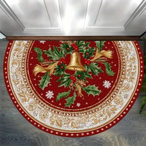 VIKAMA European Vintage Christmas Half Round Entry Doormat Red And Gold Bells Holly Printed Rug Holiday Home Decoration