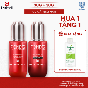 Combo Serum ban ngày đêm Ponds Age Miracle mờ đốm nâu và nếp nhăn với 50X Hexyl-Retinol 30G