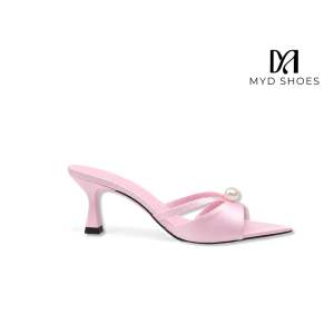 MYD - Guốc cao gót nữ phối lụa satin đính hạt ngọc 5cm dép nữ quai chéo thanh lịch tiểu thư.