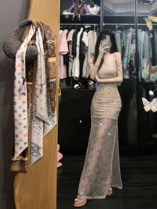 Pure Desire Style Split Sling Dress Womens Summer Vacation Seaside Small Skirt Gauze Skirt Small Waist-Tight Sheath Dress