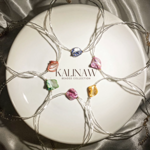 KALINAW Czech Bugle Line Tube Tassel Silver w/ Blister Pearl Choker Necklace