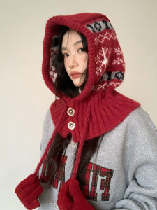 Retro Red Woolen Knitted Hat Scarf Set Womens Ear Protection Warm Balaclava Cap Winter Cold Proof Casual Style Street Wear