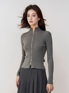 BINKAFENNY | Gray Half-High Collar Double Zipper Knitted Cardigan Women Early Autumn Slim Fit Inner Wear Short Top Coat Korean Style