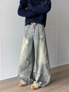กางเกงยีนส์ขากว้างชายผ้าเดนิมสไตล์ย้อนยุคแบบลำลองฤดูใบไม้ร่วงพร้อมลายดาวและรอยซักด้วยน้ำ