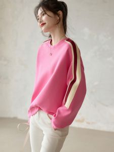 เสื้อสเวตเตอร์คอกลมแขนยาวผู้หญิง 2025 ฤดูใบไม้ผลิ ใหม่ ดีไซน์ลายทาง ดีไซน์สีบล็อก แฟชั่นสปอร์ต เสื้อคลุมกันหนาวแบบสวมหัว