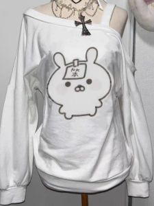 Cute Cartoon Print Sweatshirt Womens Loose Long Sleeve Slant Collar Shoulder Bared Spring Autumn Fashion Sweet Style Top