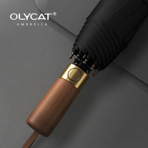 OLYCAT Big Mens Umbrella Fully Automatic10K Windproof Folding Umbrella 280T Fabric Golf Parasol Umbrella Wooden Handle