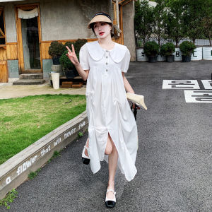 White Doll Collar Dress Womens Summer New Style French Loose Casual Ageless Gentle Shirt Long Dress Korean Style Commute
