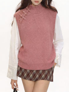 QINGNAER | Chinese Style Buttoned Stand Collar Knit Vest Large Size Spring