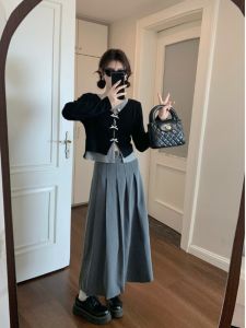 ชุดกระโปรงจีบสองชิ้นสำหรับผู้หญิงไซส์ใหญ่ในฤดูใบไม้ร่วง เสื้อคลุมกันหนาวแขนยาวทรงหลวมเอวสูง สไตล์ลำลอง