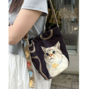 Korean Lazy Style Casual Large Capacity Cat Bucket Bag Single Shoulder Bag Small Designtrend Crossbody Bag Canvas Material