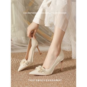 Giày Cao Gót Ren Lụa Thoải Mái Cho Cô Dâu Giày Cao Gót Mũi Nhọn Đế Cao Bằng Cao Su Giày Phụ Nữ Thời Trang Thường Ngày