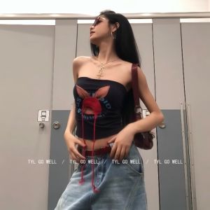 Áo Vest in Họa Tiết Hoạt Hình Màu Đen Cho Nữ Mùa Hè 2025 Áo Hở Lưng Gợi Cảm Thiết Kế Mới Áo Khoác Ngoài Thường Ngày