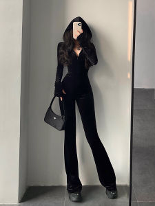 Younggirlday Fashion Style Fashionable Black Velvet Slim Fit Slimming Hooded Long-Sleeve Zipper Micro Pull Jumpsuit