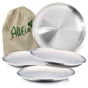30cm Round Metal Dish Camping Stainless Steel 304 Serving Dinner Plates 4 Pack with Alleco Cotton Bag for BBQ Snack Salad