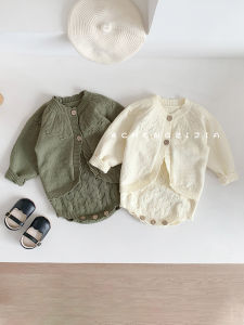 Baby Spring and Autumn Clothing Retro Ins Baby Cute round Neck Knitting Tops Baby Girl Sling Romper Two-piece Set Clothing