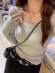 Korean Style Pure Color Square Collar Long Sleeve Slim Fit Base Shirt Womens Knitted Sweater Inner Wear Short Length Top