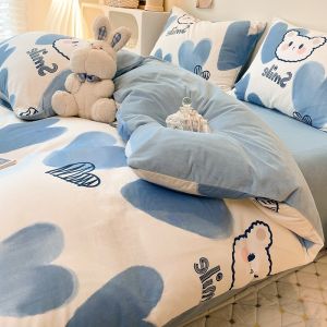 Thickened Pure Cotton Coral Fleece Bedding Set Cartoon AB Face Milk Velvet Winter Warm Quilt Cover Sheet Three Piece Set