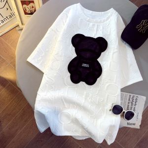 WANGGONGZHU | White Short Sleeve T-Shirt Womens Summer New Loose Bear Print Top Design Sensation Niche Princess Style Commute Regular Sleeve