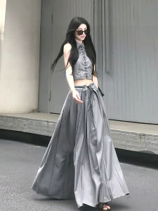 Fashionable Trendy Womens Suit Vest Belted Mini Skirt Set Summer Two-Piece Cotton Blend Comfortable Fit Overhead Style